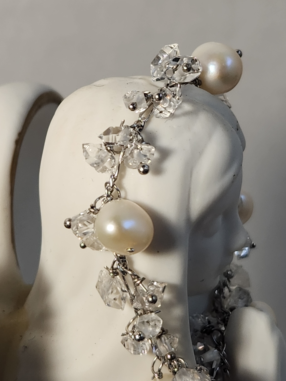 NIB 10.33cts Platinum Clad Herkimer Diamond & Freshwater Pearl 925 7.5” Bracelet